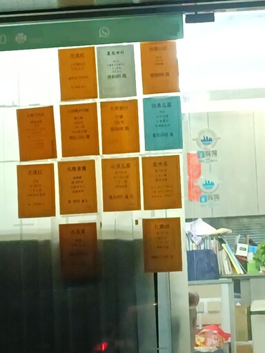 Posters at the window of a property management office that looks like an Among Us character