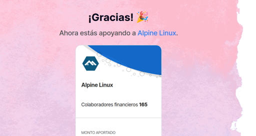 una tarjeta de aportación a alpine linux, da las gracias y ya somos 146 colaboradores