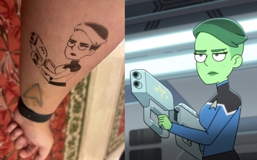 On the left an airbrushed temporary tattoos, depicting a scene of Tendi holding the medical shotgun from “Strange Energies”.

On the right is the screencap for comparison.